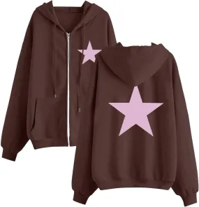Women Star Print Zip Up Hoodies Oversized Long Sleeve Hooded Jackets Casual Fashion Lightweight Fleece Sweatshirts