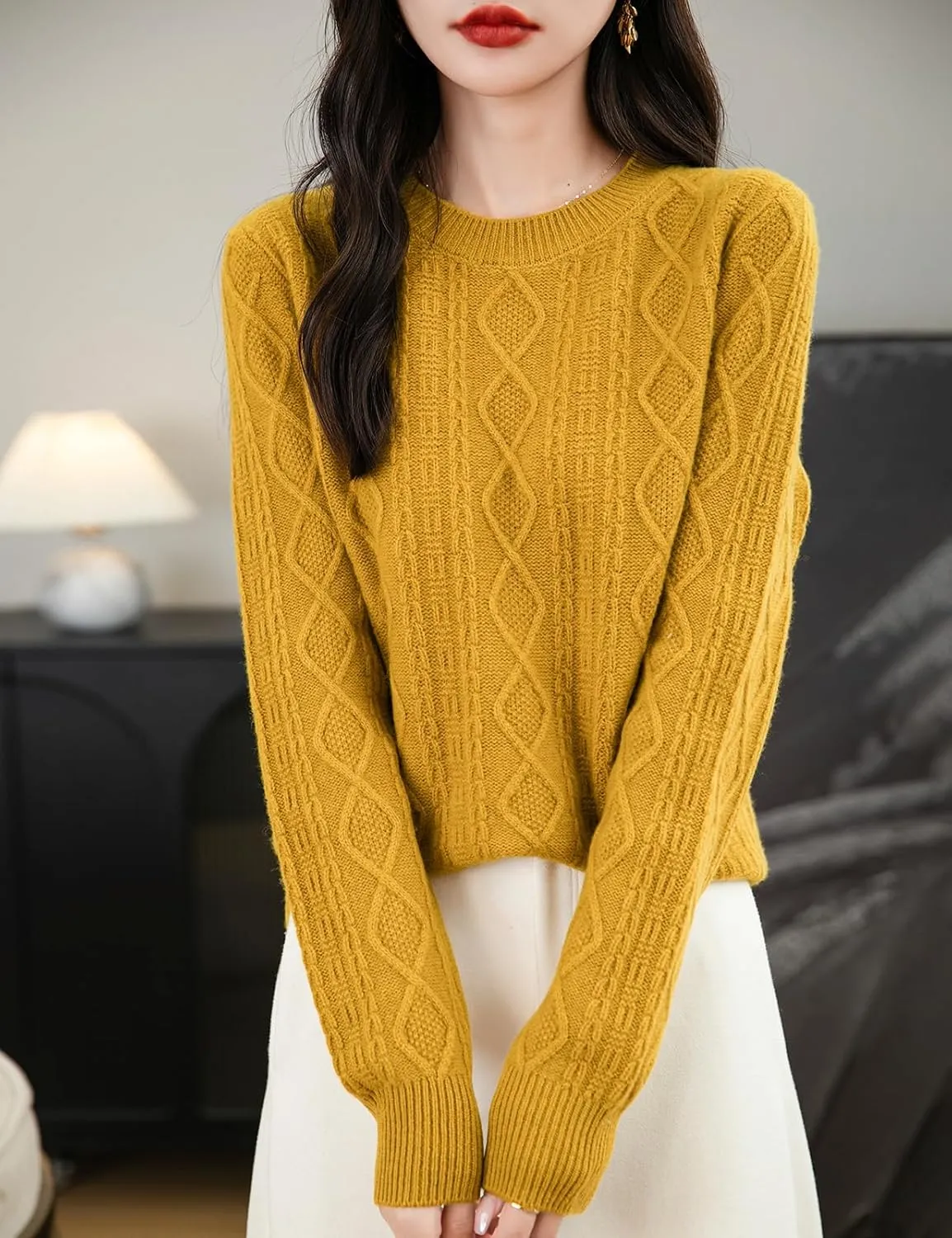 Women's 100% Merino Wool Sweater 2025 Fall Winter Basic Crewneck Warm Long Sleeve Cable Knit Pullover Sweater