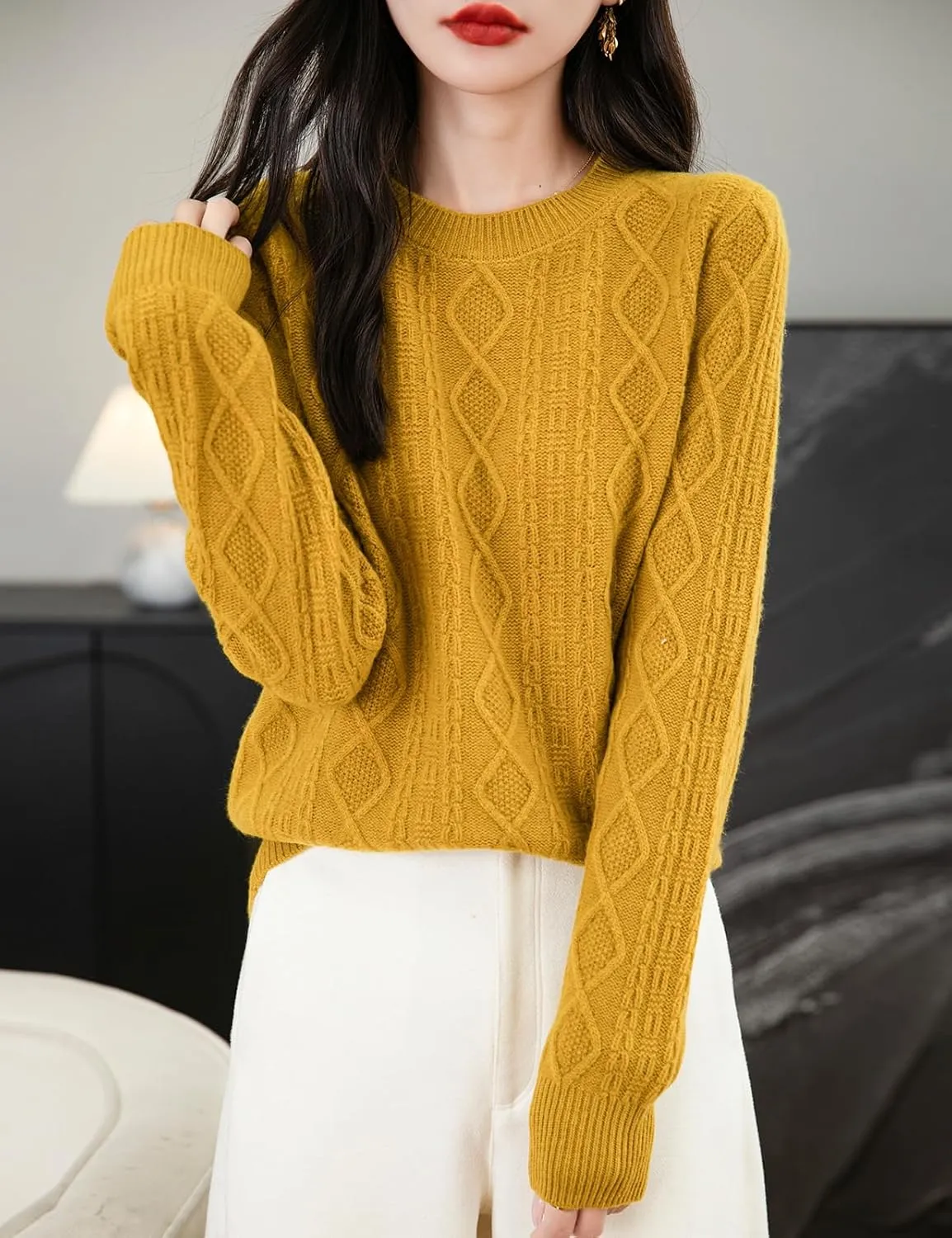 Women's 100% Merino Wool Sweater 2025 Fall Winter Basic Crewneck Warm Long Sleeve Cable Knit Pullover Sweater