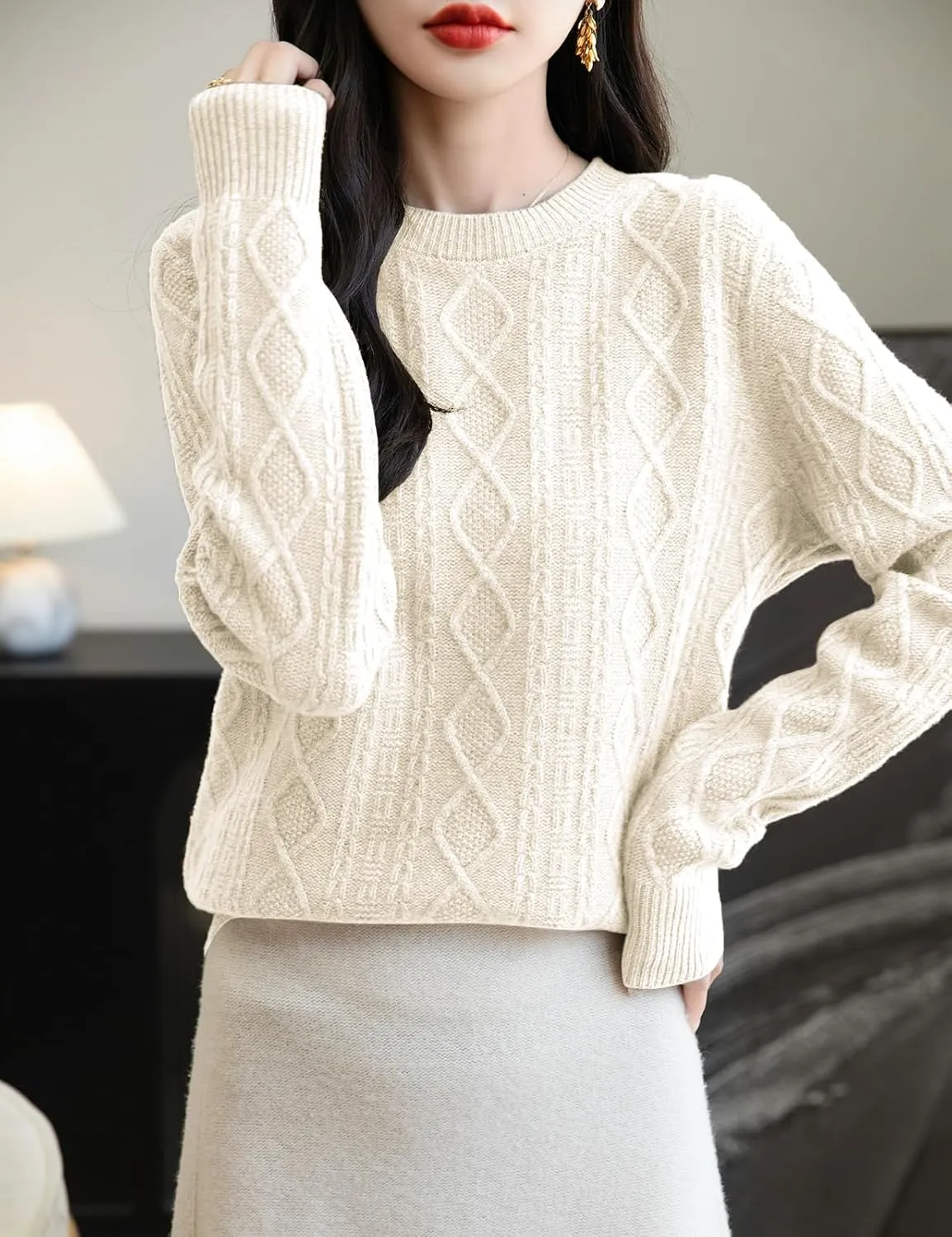 Women's 100% Merino Wool Sweater 2025 Fall Winter Basic Crewneck Warm Long Sleeve Cable Knit Pullover Sweater