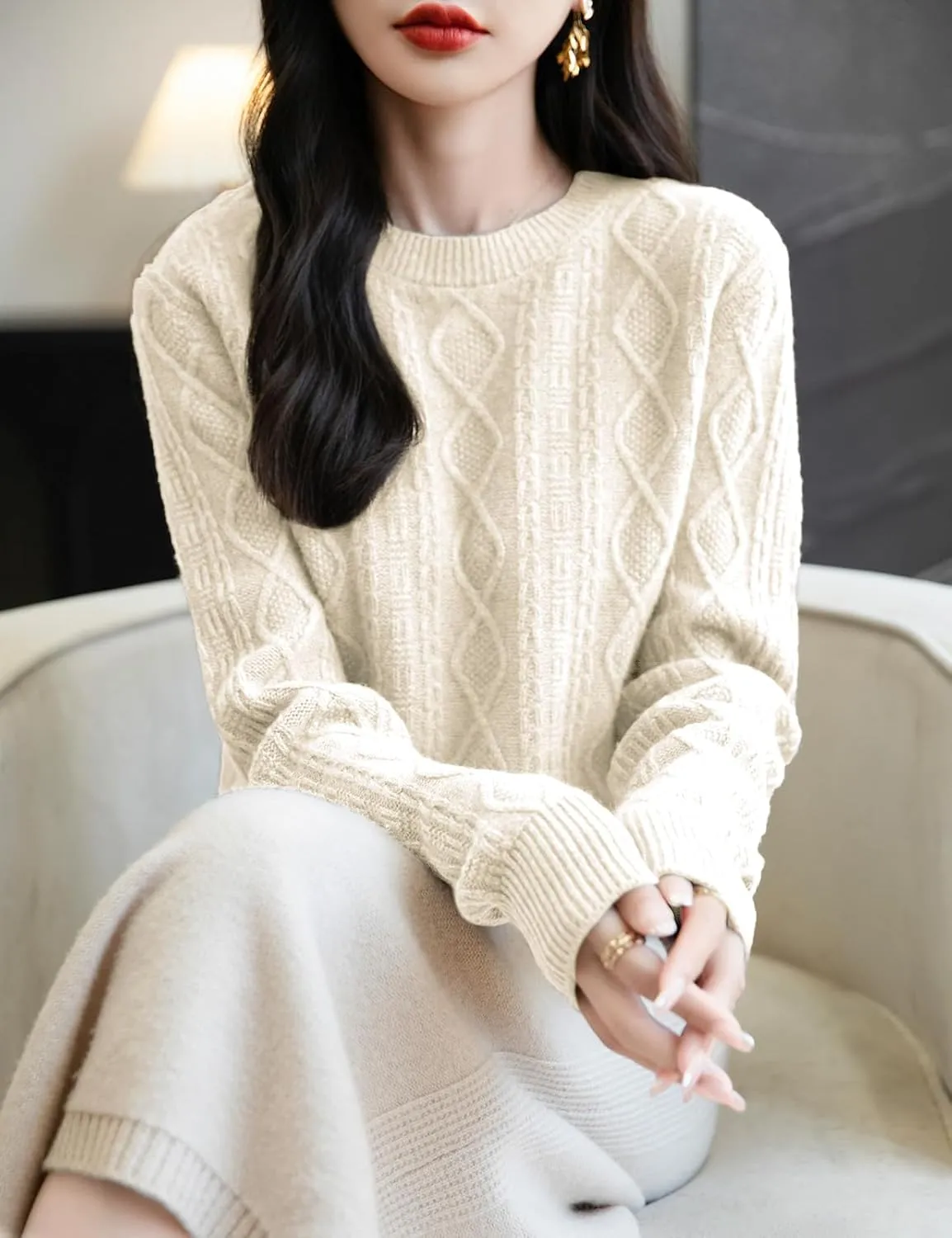 Women's 100% Merino Wool Sweater 2025 Fall Winter Basic Crewneck Warm Long Sleeve Cable Knit Pullover Sweater