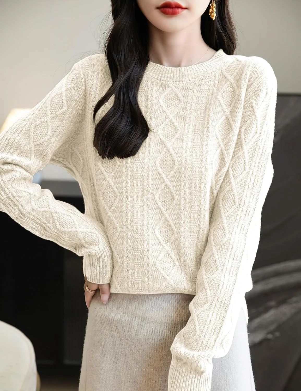 Women's 100% Merino Wool Sweater 2025 Fall Winter Basic Crewneck Warm Long Sleeve Cable Knit Pullover Sweater