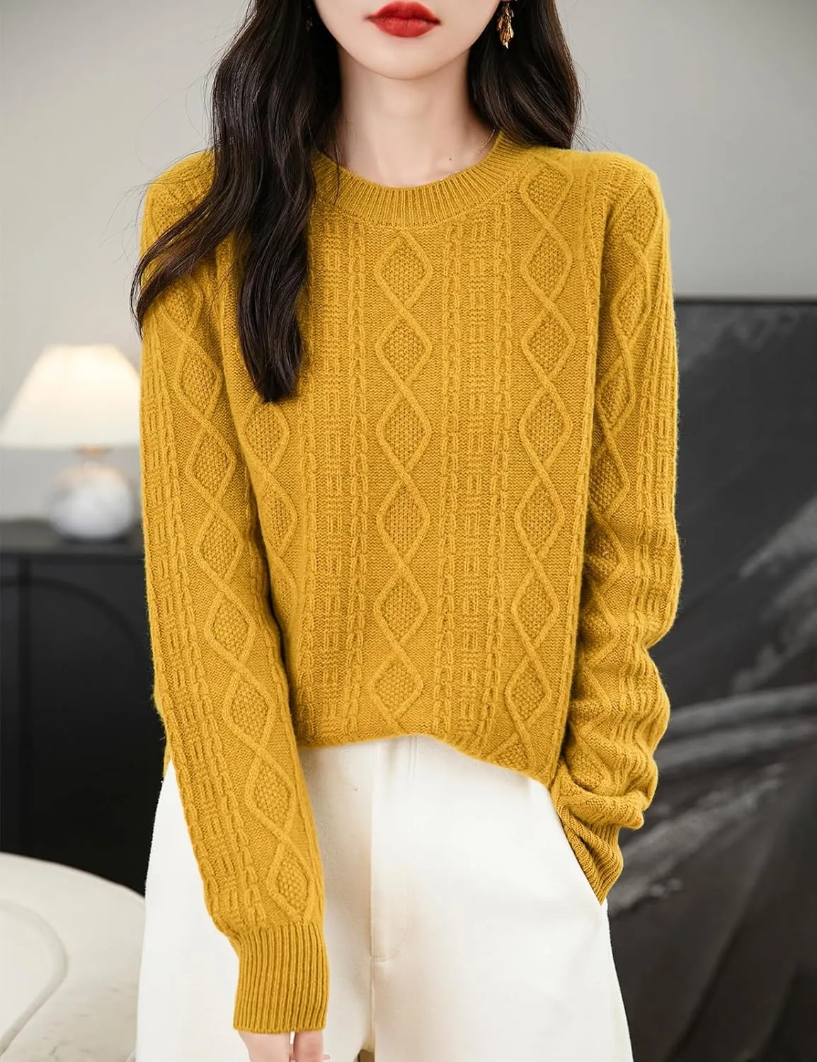Women's 100% Merino Wool Sweater 2025 Fall Winter Basic Crewneck Warm Long Sleeve Cable Knit Pullover Sweater