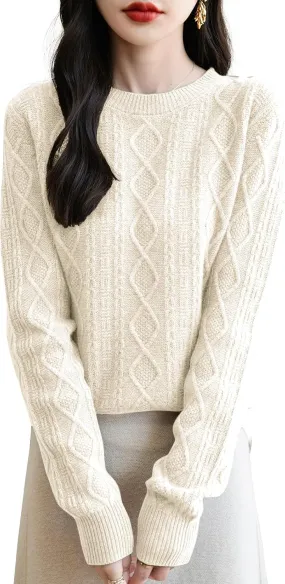 Women's 100% Merino Wool Sweater 2025 Fall Winter Basic Crewneck Warm Long Sleeve Cable Knit Pullover Sweater