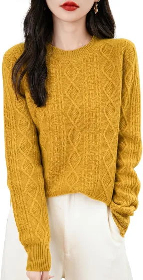 Women's 100% Merino Wool Sweater 2025 Fall Winter Basic Crewneck Warm Long Sleeve Cable Knit Pullover Sweater