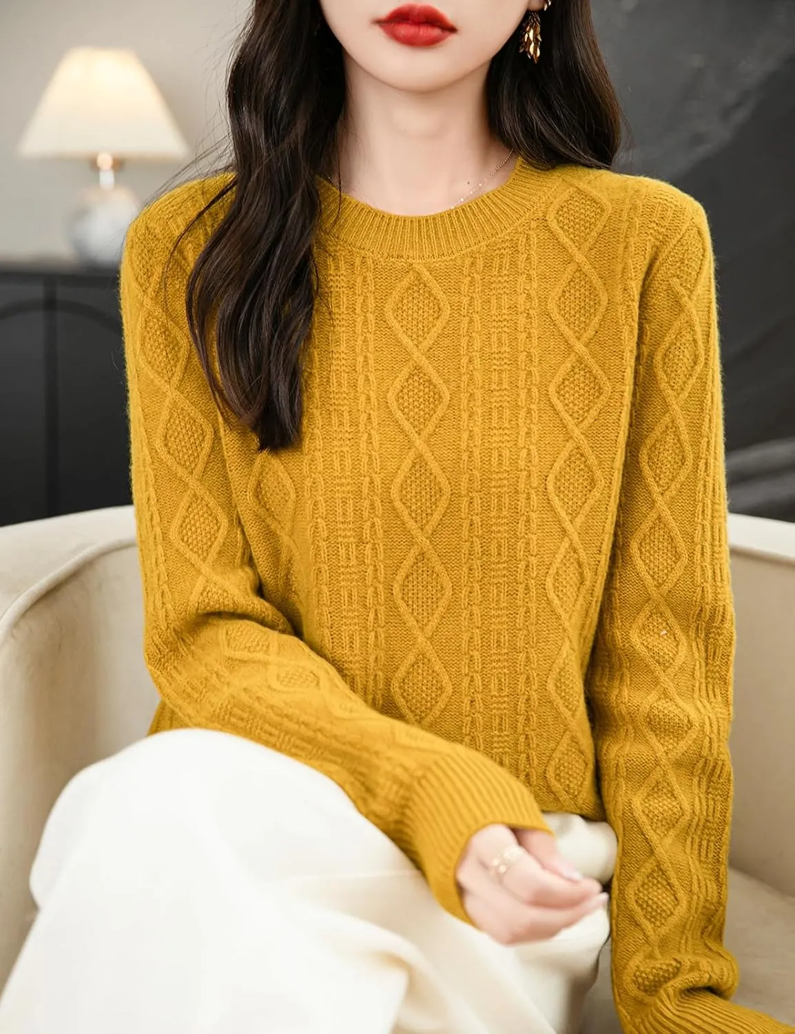 Women's 100% Merino Wool Sweater 2025 Fall Winter Basic Crewneck Warm Long Sleeve Cable Knit Pullover Sweater