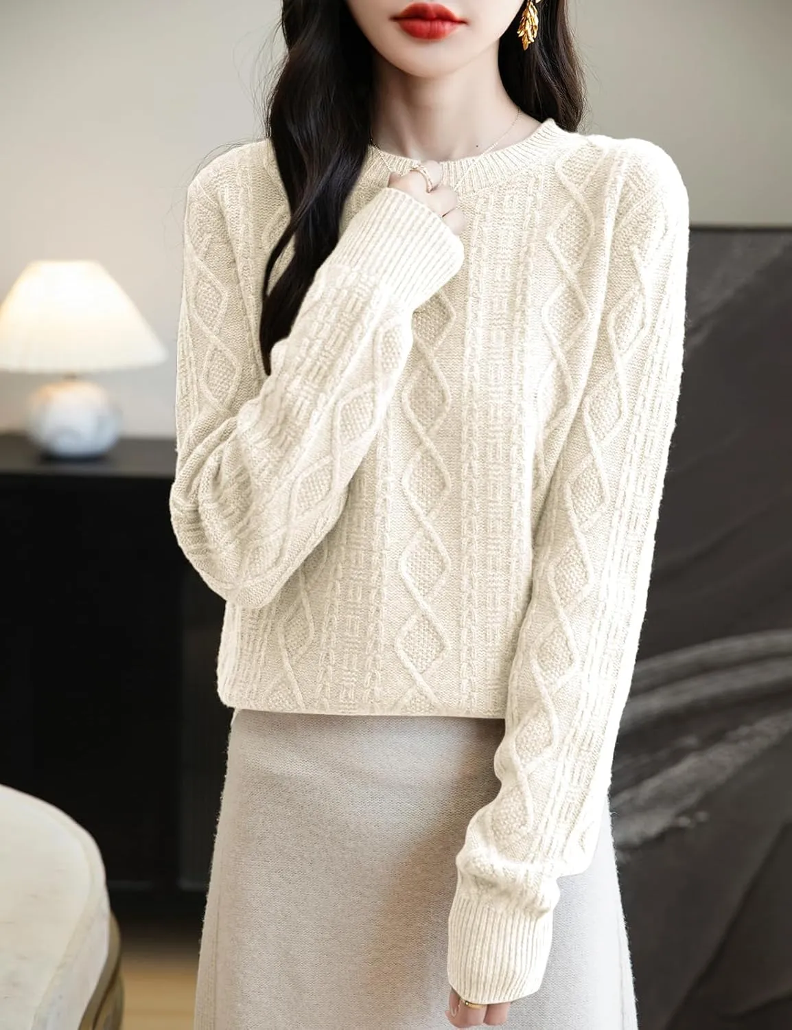 Women's 100% Merino Wool Sweater 2025 Fall Winter Basic Crewneck Warm Long Sleeve Cable Knit Pullover Sweater