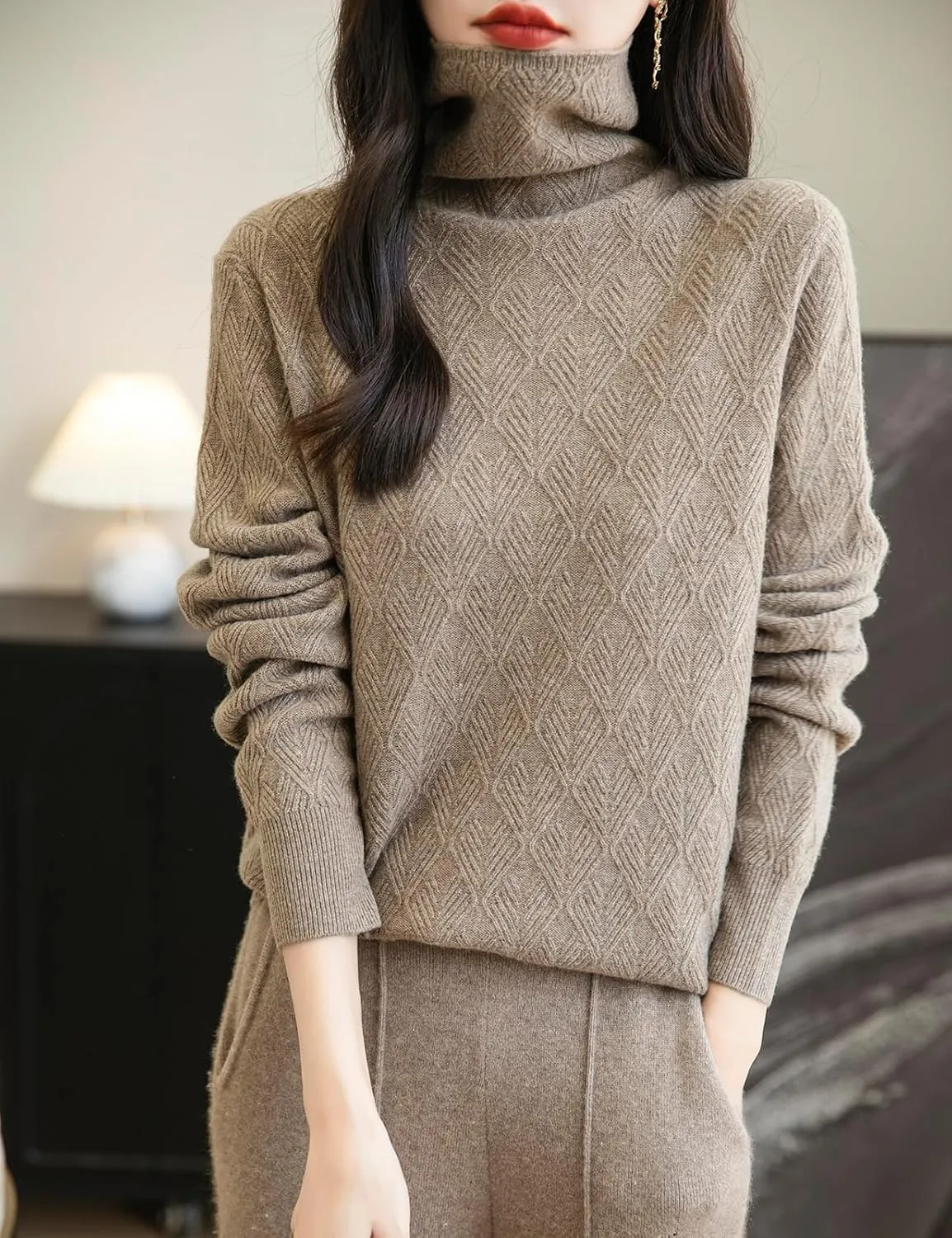 Women's 100% Merino Wool Sweater 2025 Fall Winter Fashion Turtleneck Warm Long Sleeve Cable Knit Sweater Tops