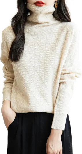 Women's 100% Merino Wool Sweater 2025 Fall Winter Fashion Turtleneck Warm Long Sleeve Cable Knit Sweater Tops