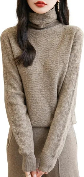 Women's 100% Merino Wool Sweater 2025 Fall Winter Fashion Turtleneck Warm Long Sleeve Cable Knit Sweater Tops