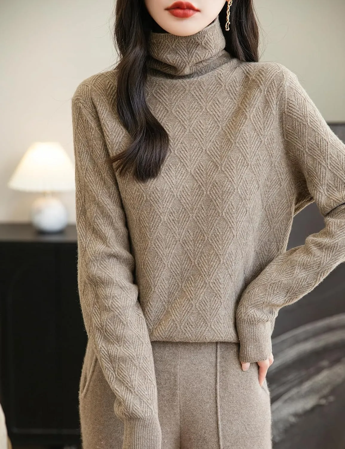Women's 100% Merino Wool Sweater 2025 Fall Winter Fashion Turtleneck Warm Long Sleeve Cable Knit Sweater Tops
