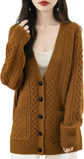 Women's 100% Merino Wool Sweater 2025 Fall Winter V Neck Long Sleeve Vintage Cable Knitted Cardigan Sweater