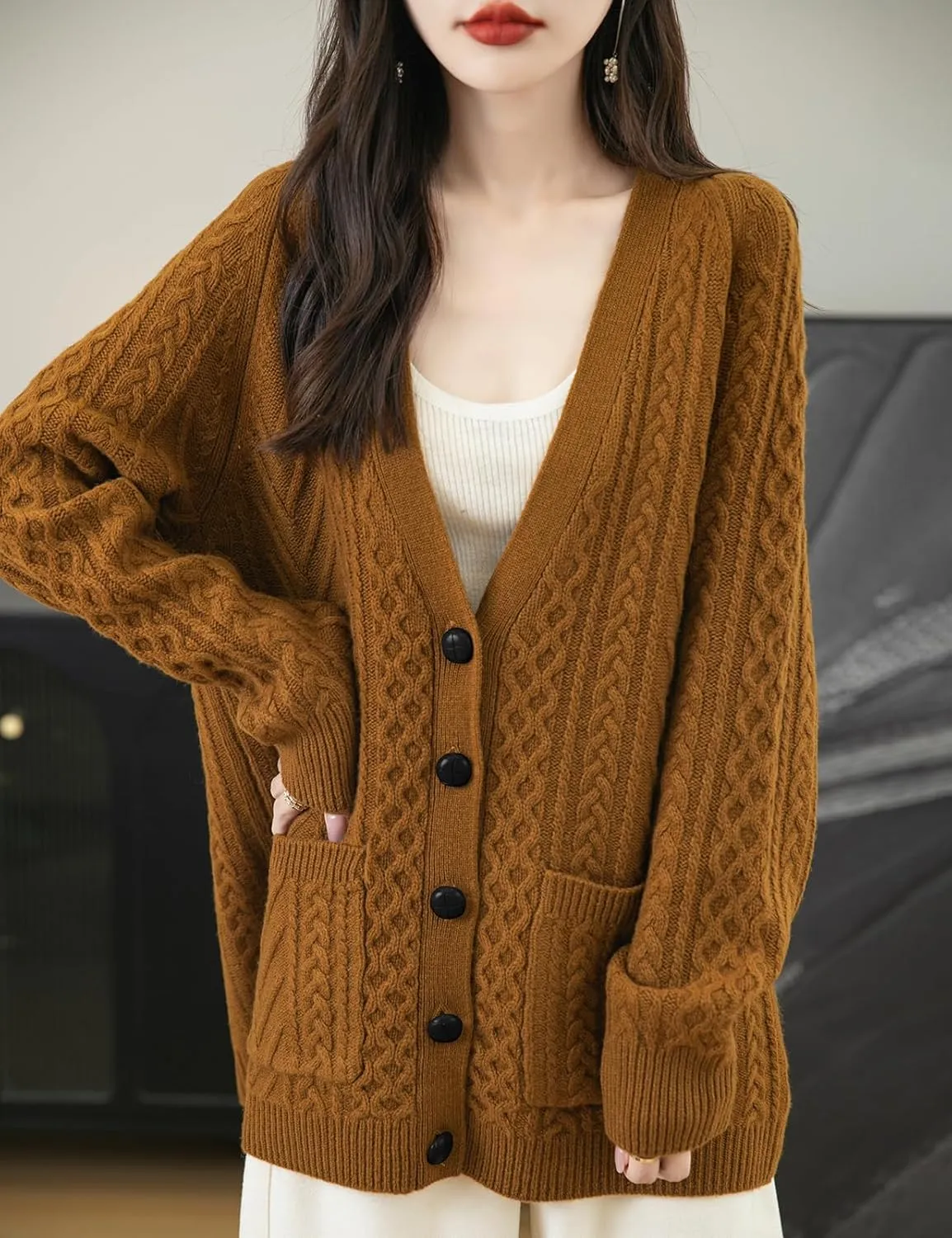 Women's 100% Merino Wool Sweater 2025 Fall Winter V Neck Long Sleeve Vintage Cable Knitted Cardigan Sweater