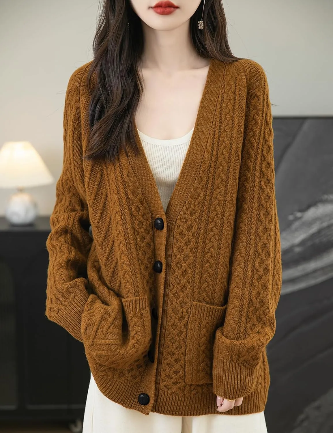 Women's 100% Merino Wool Sweater 2025 Fall Winter V Neck Long Sleeve Vintage Cable Knitted Cardigan Sweater