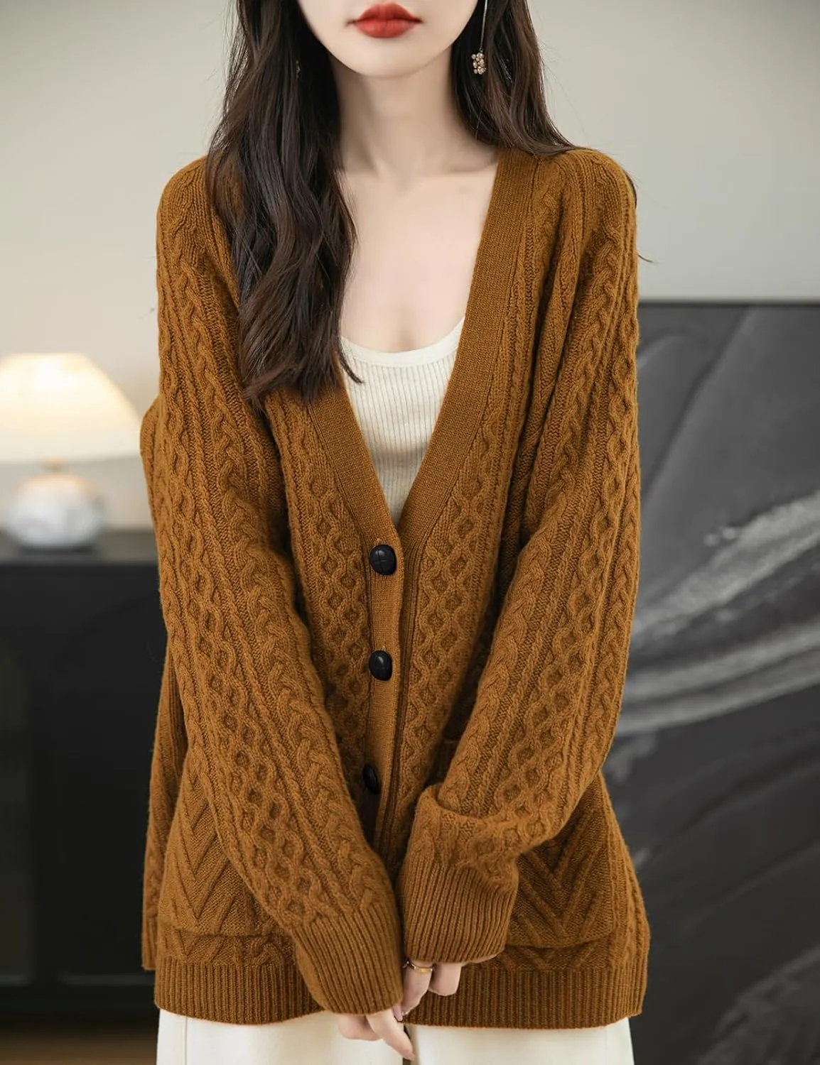 Women's 100% Merino Wool Sweater 2025 Fall Winter V Neck Long Sleeve Vintage Cable Knitted Cardigan Sweater