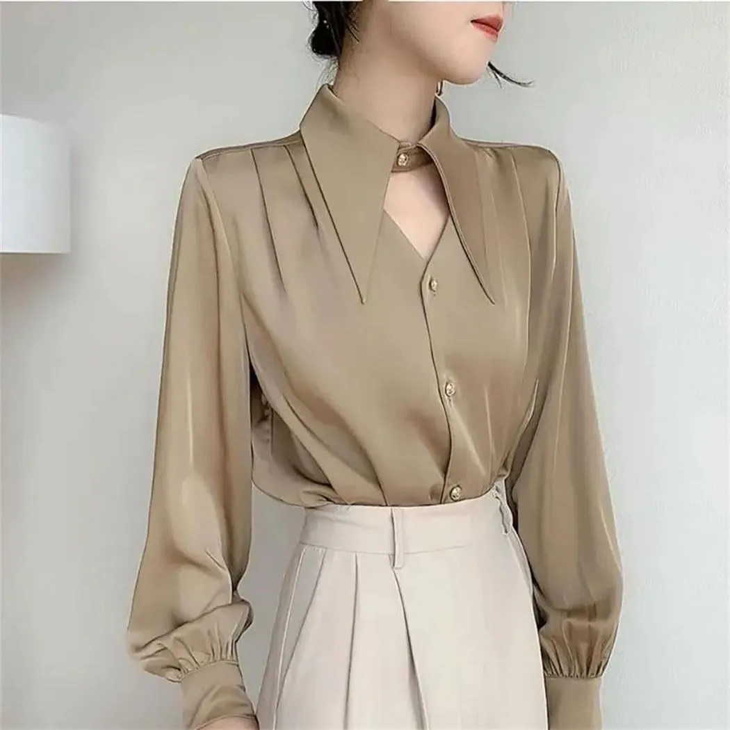 Women's Button Down Blouse Satin Long Sleeve Shirt Office Work Casual Business Top