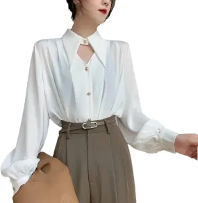 Women's Button Down Blouse Satin Long Sleeve Shirt Office Work Casual Business Top