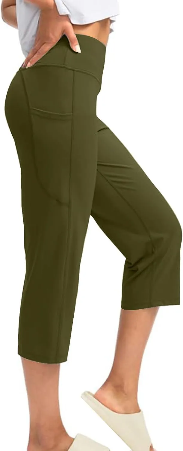 Womens Capri Yoga Pants Tummy Control Athletic Workout Pant Comfortable Stretch Solid High Waist Pants with Pockets
