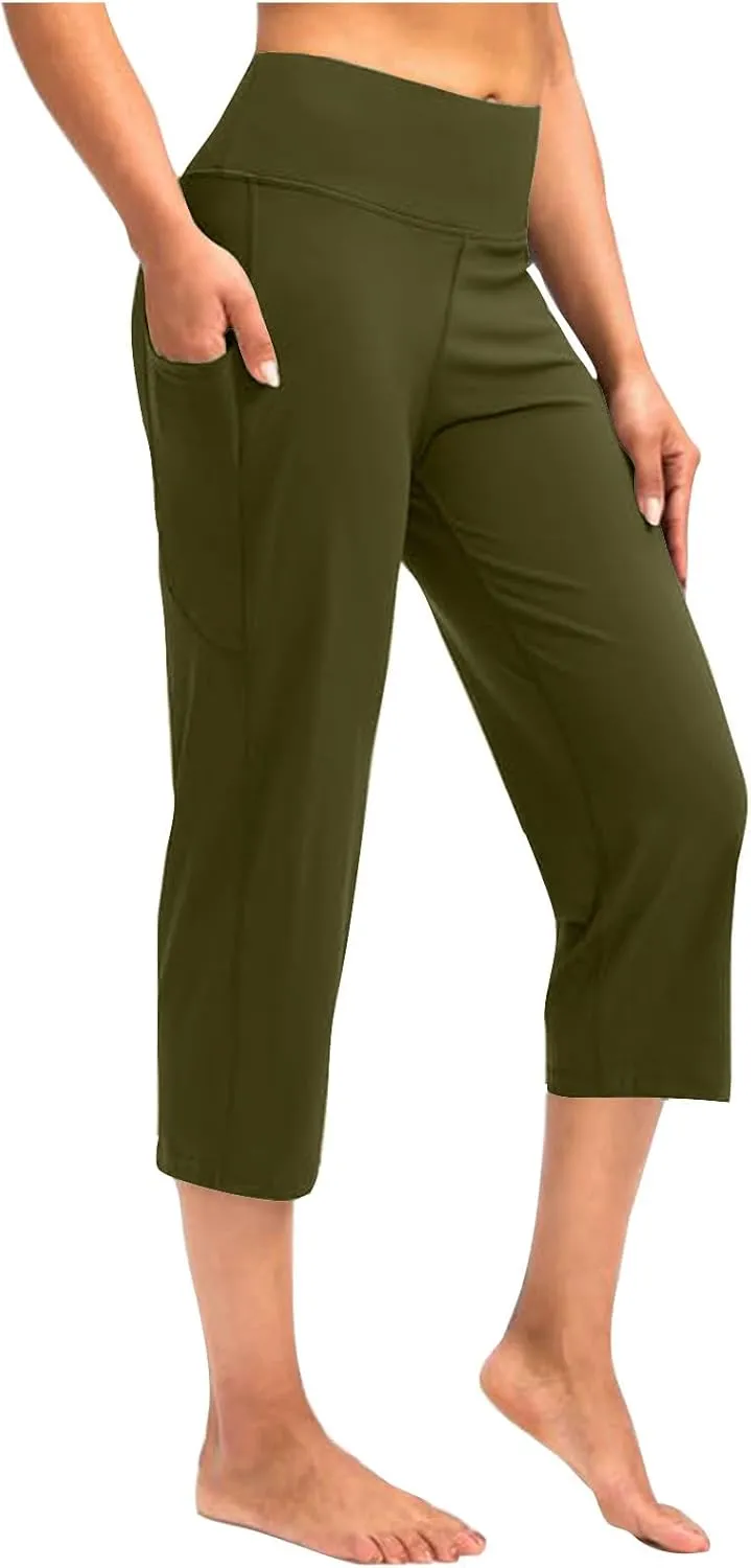 Womens Capri Yoga Pants Tummy Control Athletic Workout Pant Comfortable Stretch Solid High Waist Pants with Pockets