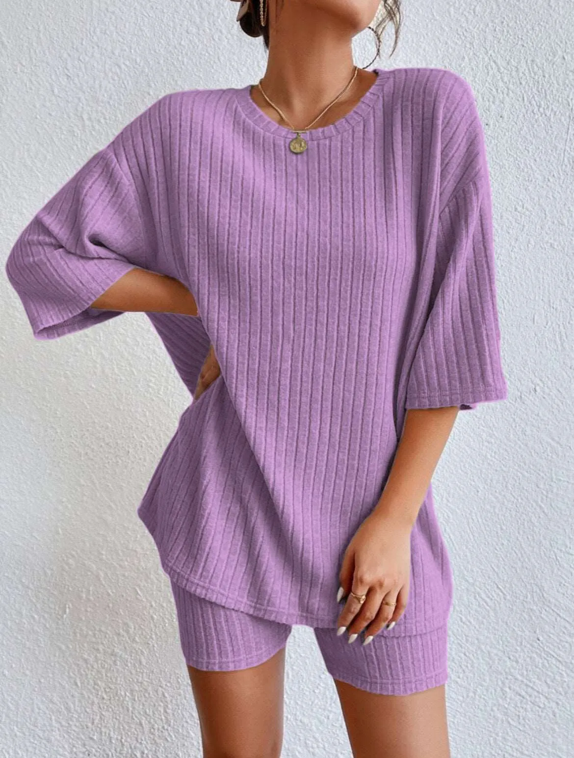 Women's Casual Short Sleeved Solid Color Two-Piece Outfit Set