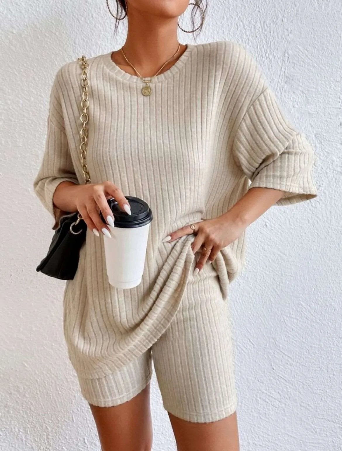 Women's Casual Short Sleeved Solid Color Two-Piece Outfit Set