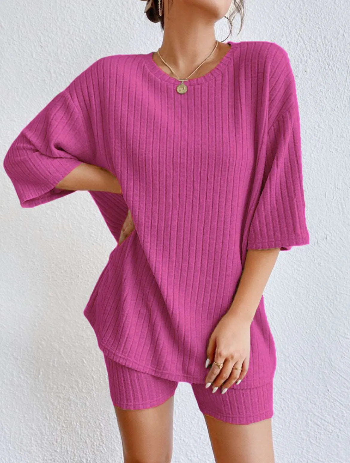 Women's Casual Short Sleeved Solid Color Two-Piece Outfit Set