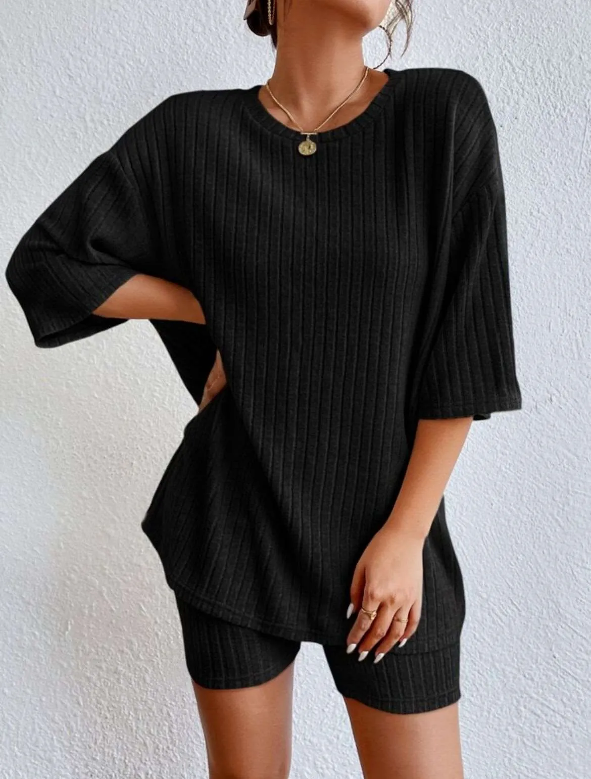 Women's Casual Short Sleeved Solid Color Two-Piece Outfit Set