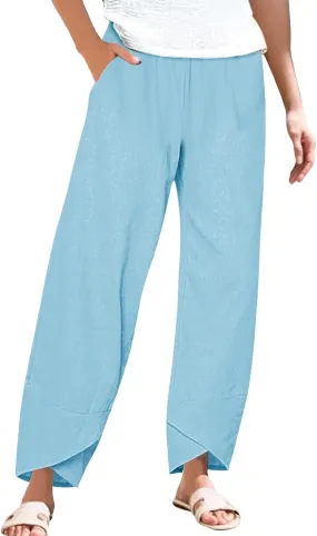 Women's Comfortable Linen Pants Loose Office Daily Work Leisures Trousers Straight Cross Leg Beach Flowy Casual Pants