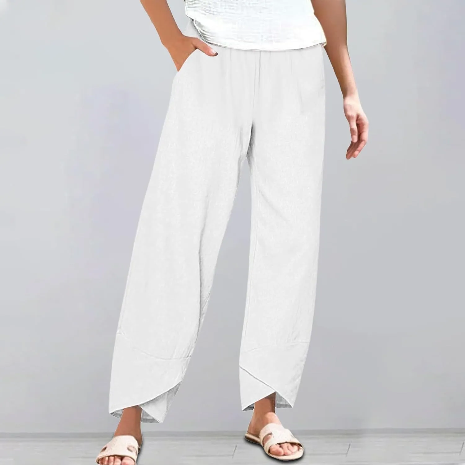 Women's Comfortable Linen Pants Loose Office Daily Work Leisures Trousers Straight Cross Leg Beach Flowy Casual Pants