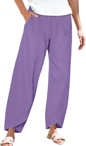 Women's Comfortable Linen Pants Loose Office Daily Work Leisures Trousers Straight Cross Leg Beach Flowy Casual Pants