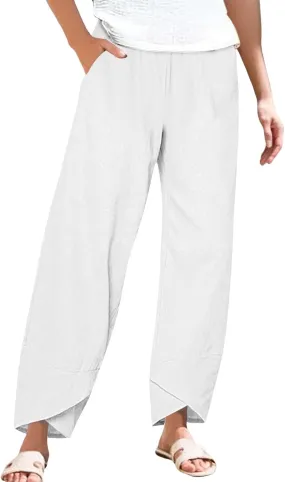 Women's Comfortable Linen Pants Loose Office Daily Work Leisures Trousers Straight Cross Leg Beach Flowy Casual Pants