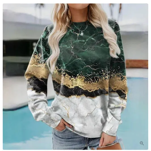 WOMEN'S GEOMETRIC LOOSE PRINTED LONG SLEEVE ROUND NECK HOODIE
