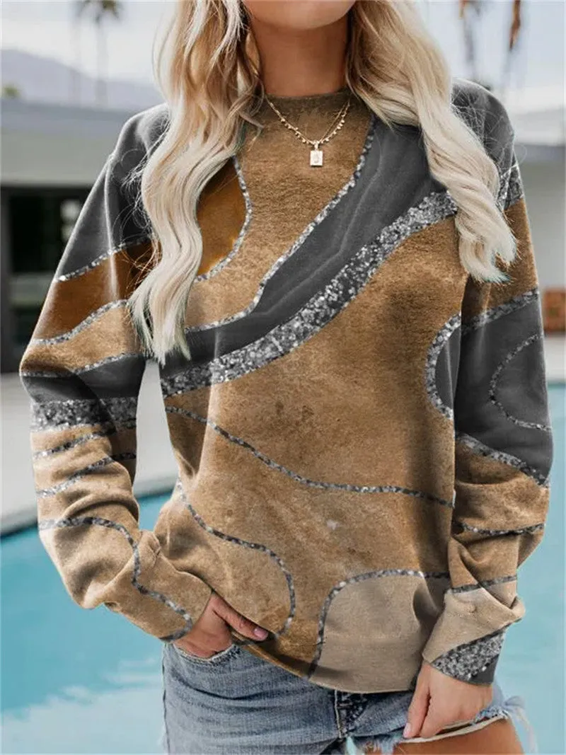 WOMEN'S GEOMETRIC LOOSE PRINTED LONG SLEEVE ROUND NECK HOODIE