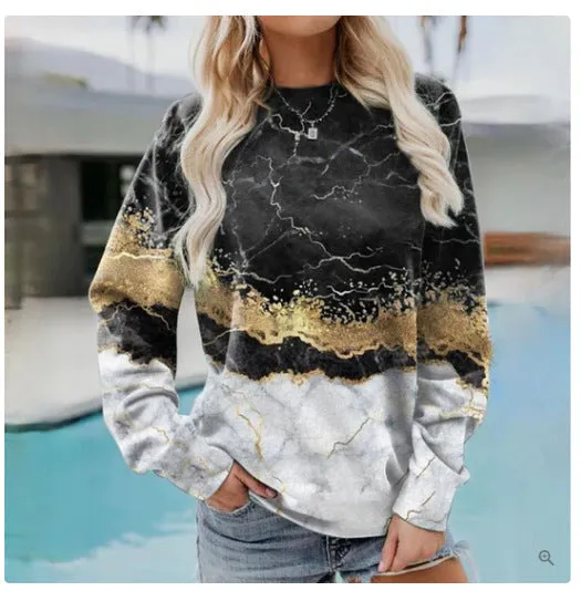 WOMEN'S GEOMETRIC LOOSE PRINTED LONG SLEEVE ROUND NECK HOODIE
