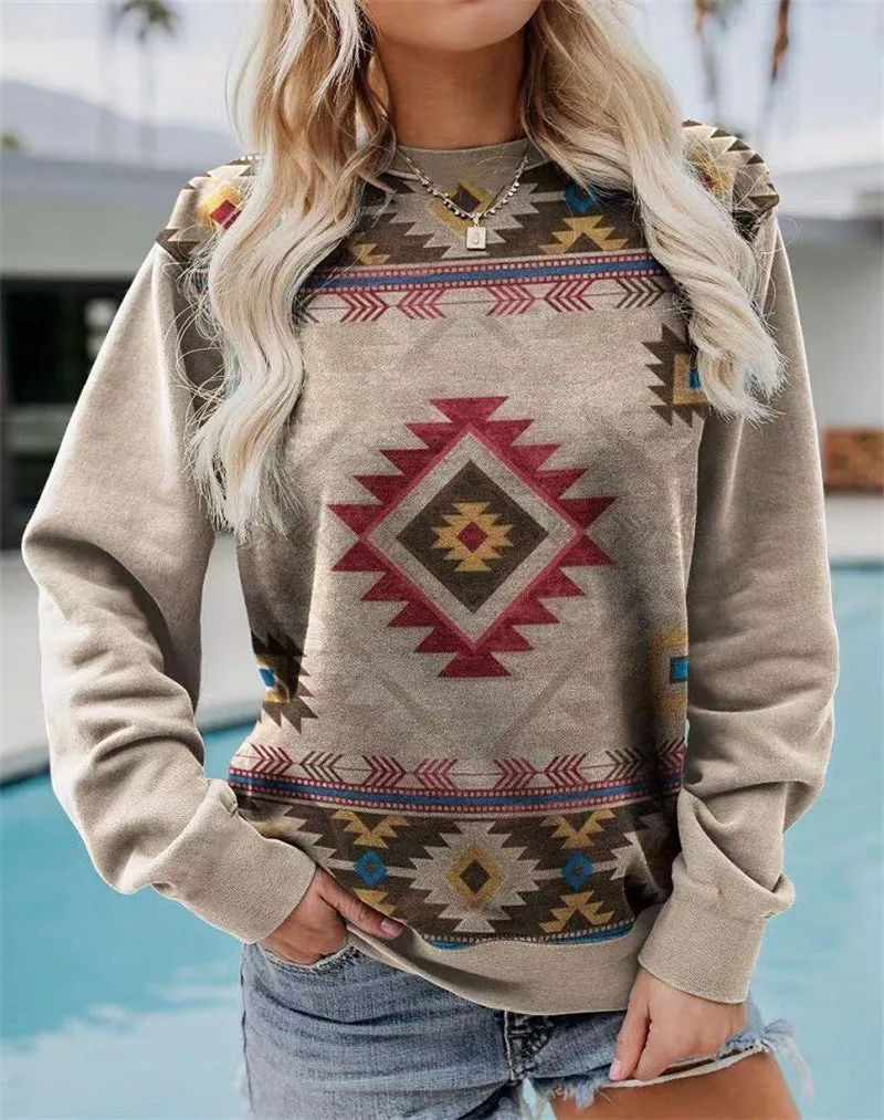 WOMEN'S GEOMETRIC LOOSE PRINTED LONG SLEEVE ROUND NECK HOODIE
