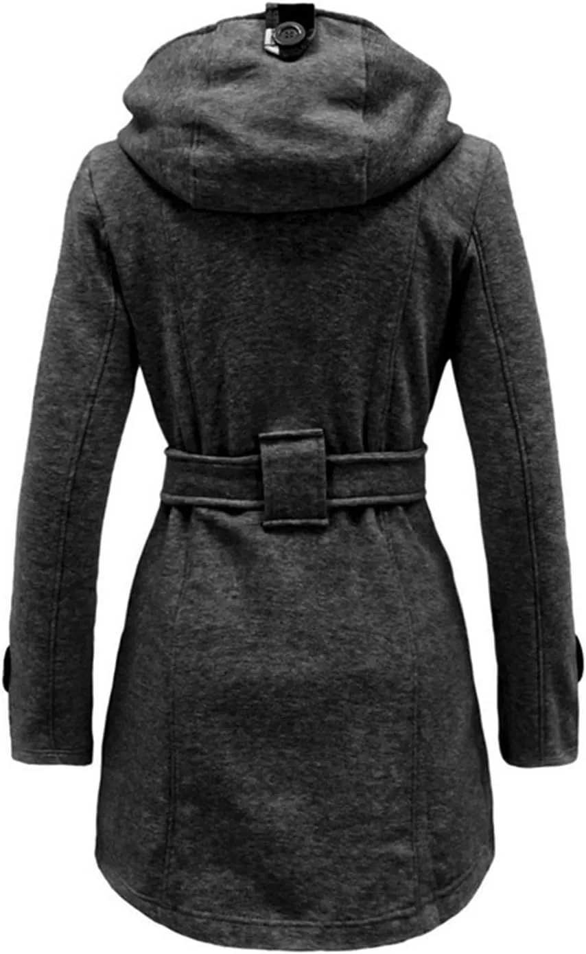 Women's Hooded Trench Coats Fashion Winter Duffle Coat Mid Length Fleece Jackets Winter Warm Windbreaker Outwear