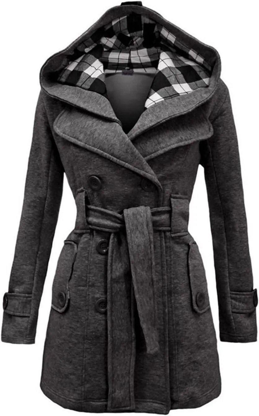 Women's Hooded Trench Coats Fashion Winter Duffle Coat Mid Length Fleece Jackets Winter Warm Windbreaker Outwear