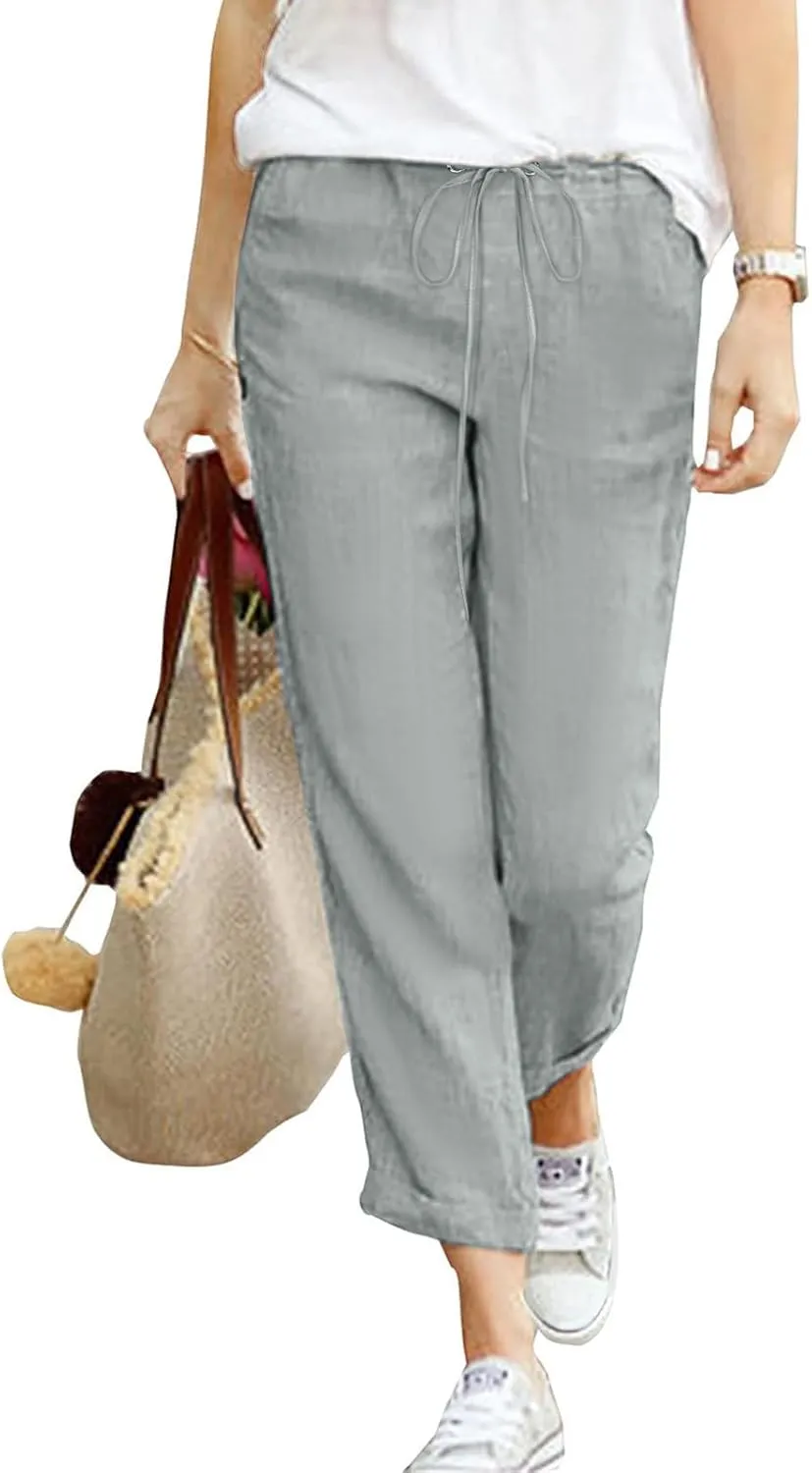 Women's Linen Summer Trousers 7/8 Casual Lightweight Cotton Linen Trousers Comfortable Beach Pants with Pockets