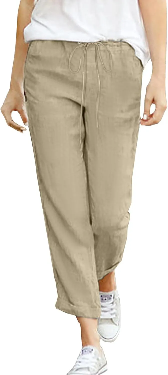 Women's Linen Summer Trousers 7/8 Casual Lightweight Cotton Linen Trousers Comfortable Beach Pants with Pockets