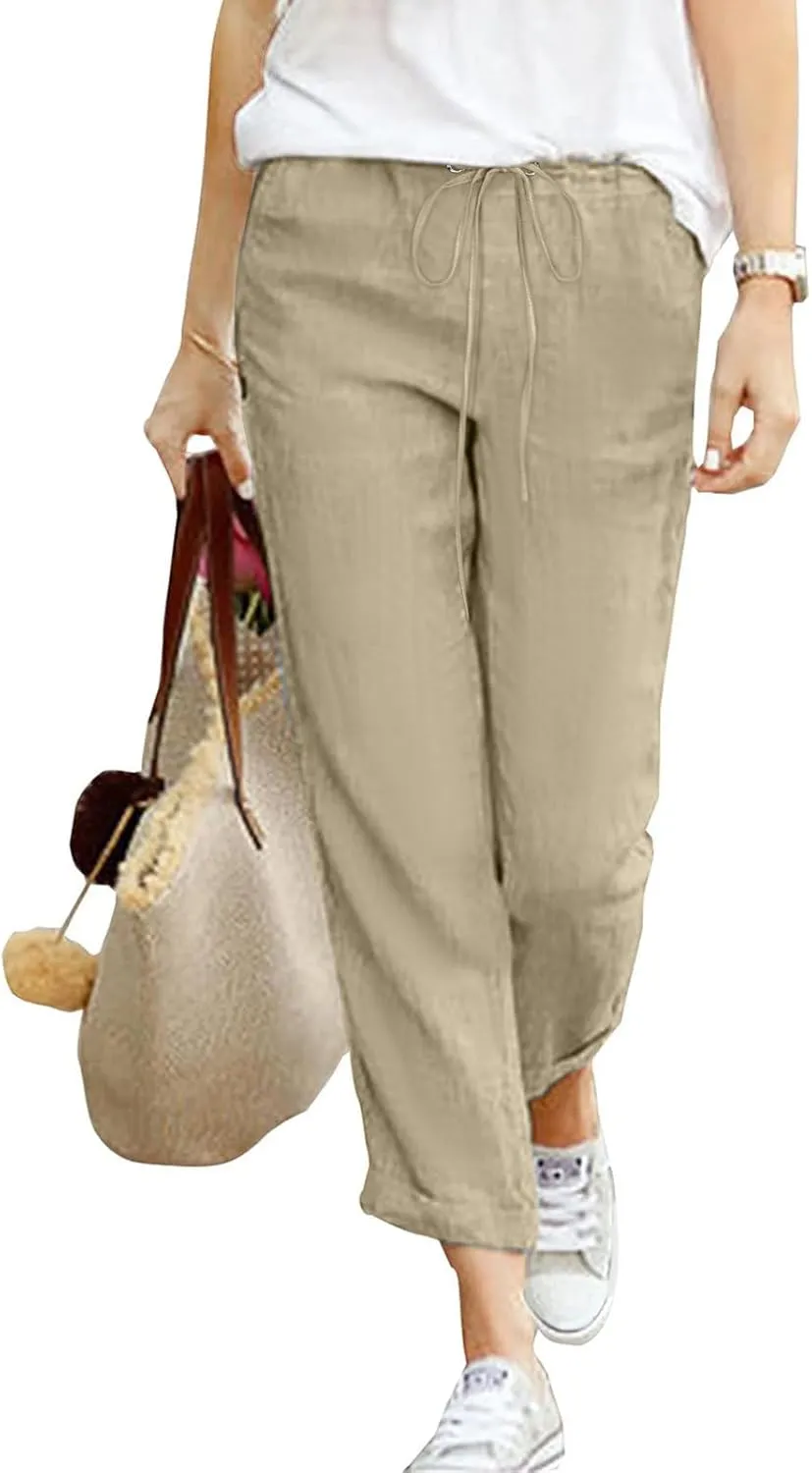 Women's Linen Summer Trousers 7/8 Casual Lightweight Cotton Linen Trousers Comfortable Beach Pants with Pockets