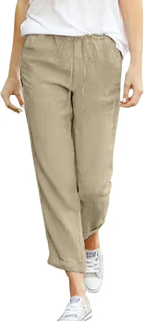 Women's Linen Summer Trousers 7/8 Casual Lightweight Cotton Linen Trousers Comfortable Beach Pants with Pockets