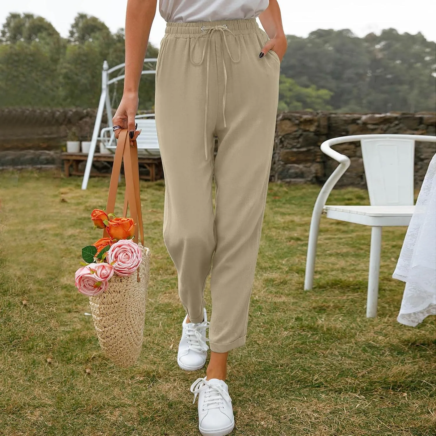 Women's Linen Summer Trousers 7/8 Casual Lightweight Cotton Linen Trousers Comfortable Beach Pants with Pockets