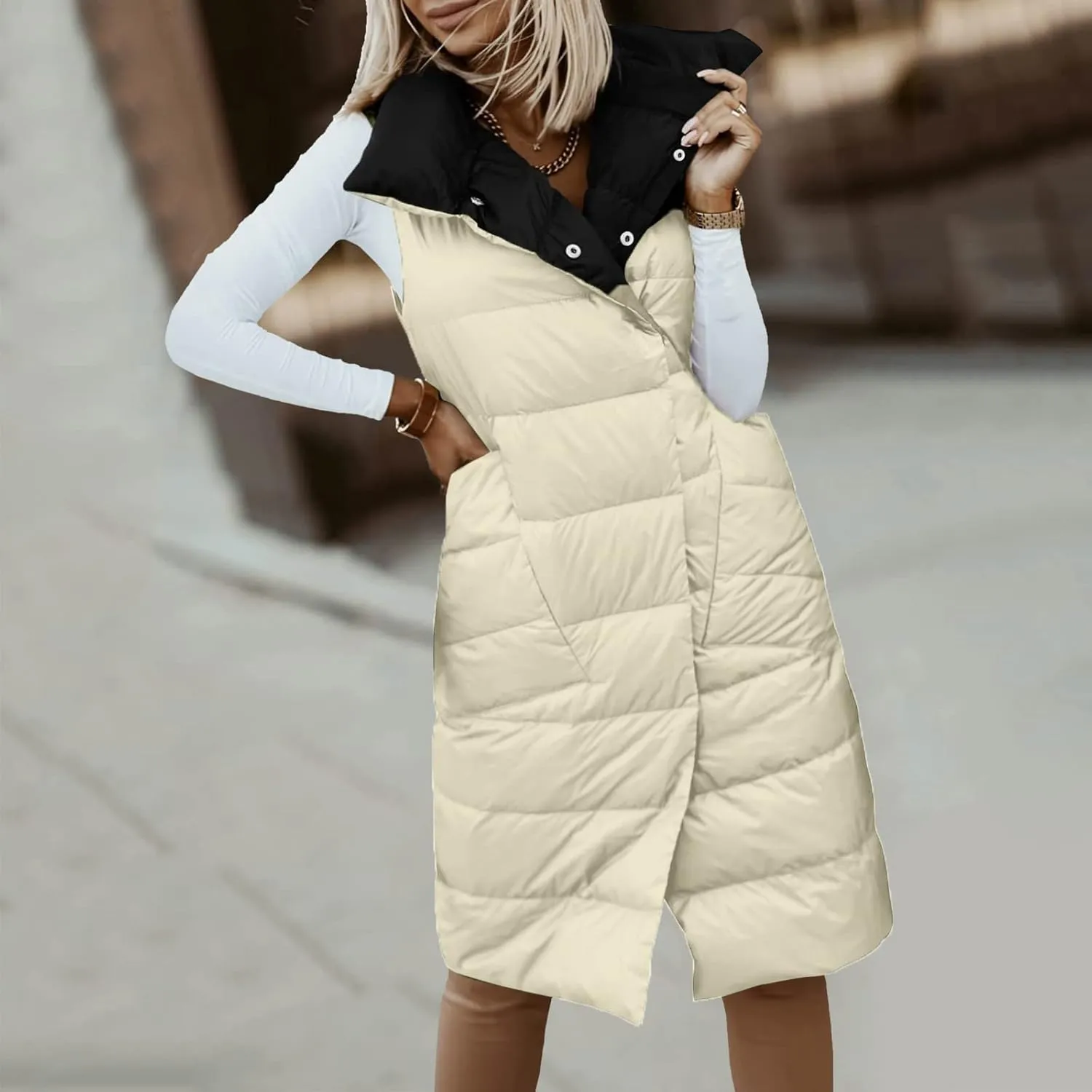 Women's Long Down Vest Lapel Button Down Padded Sleeveless Winter Vest Womens Winter Jacket 1x