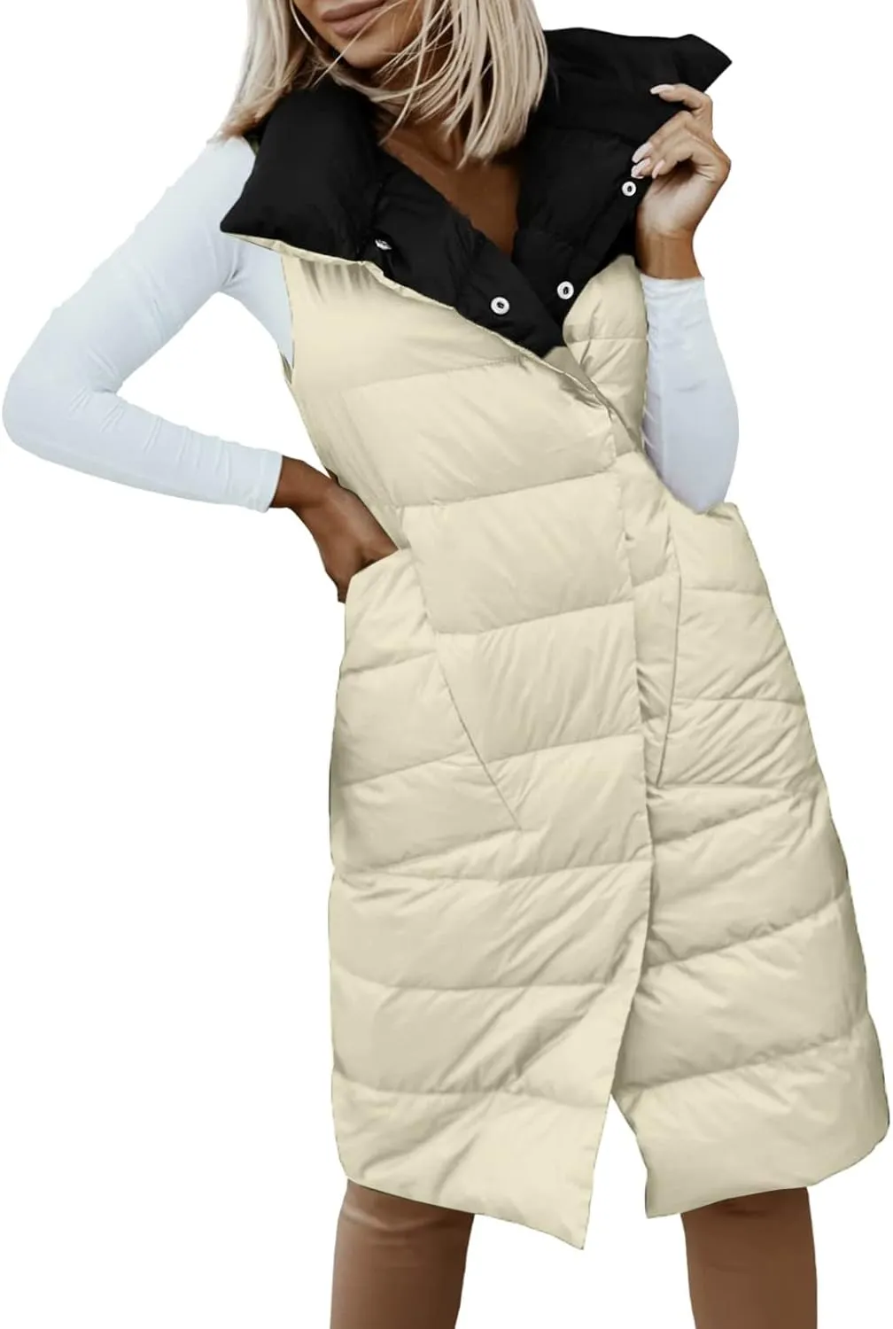 Women's Long Down Vest Lapel Button Down Padded Sleeveless Winter Vest Womens Winter Jacket 1x