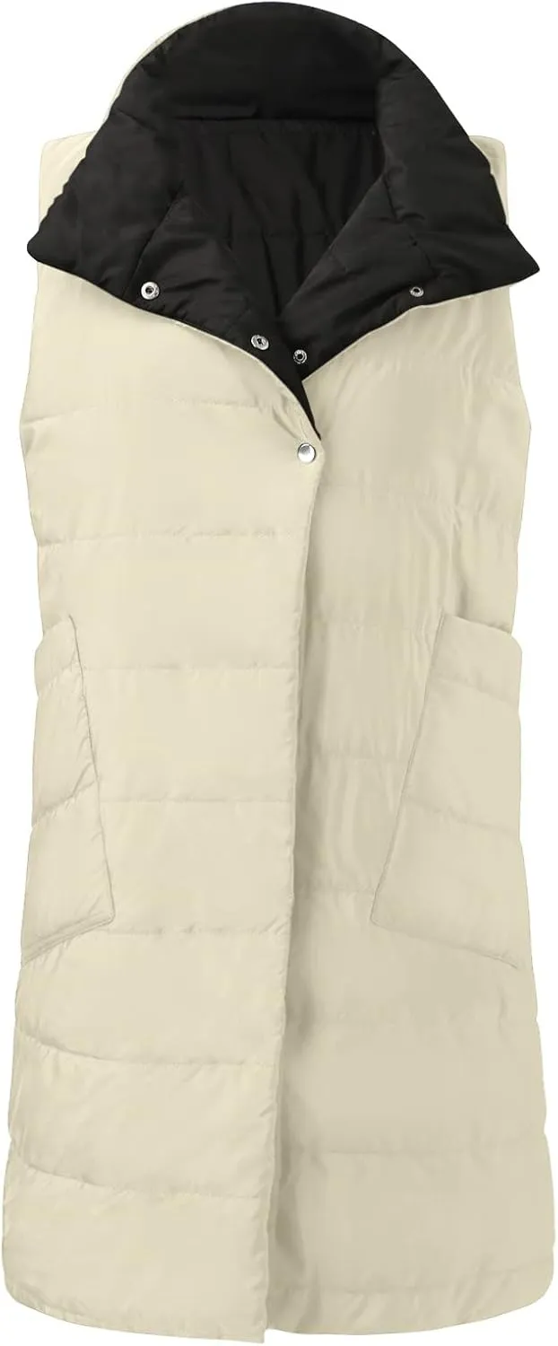 Women's Long Down Vest Lapel Button Down Padded Sleeveless Winter Vest Womens Winter Jacket 1x