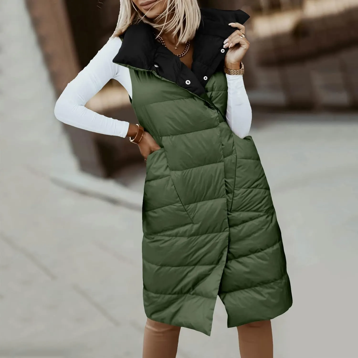 Women's Long Down Vest Lapel Button Down Padded Sleeveless Winter Vest Womens Winter Jacket 1x