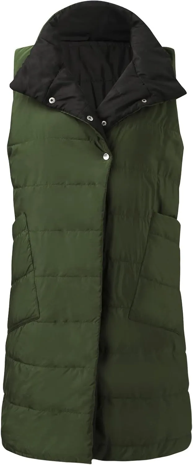 Women's Long Down Vest Lapel Button Down Padded Sleeveless Winter Vest Womens Winter Jacket 1x