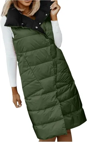 Women's Long Down Vest Lapel Button Down Padded Sleeveless Winter Vest Womens Winter Jacket 1x