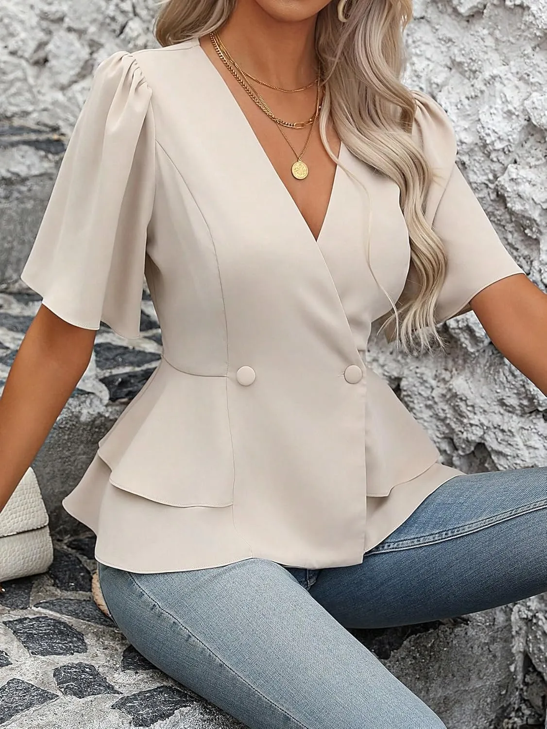 Women's Tops Business Blouses Women's Solid Color V-Neck Ruffled Short Sleeve Shirt Top